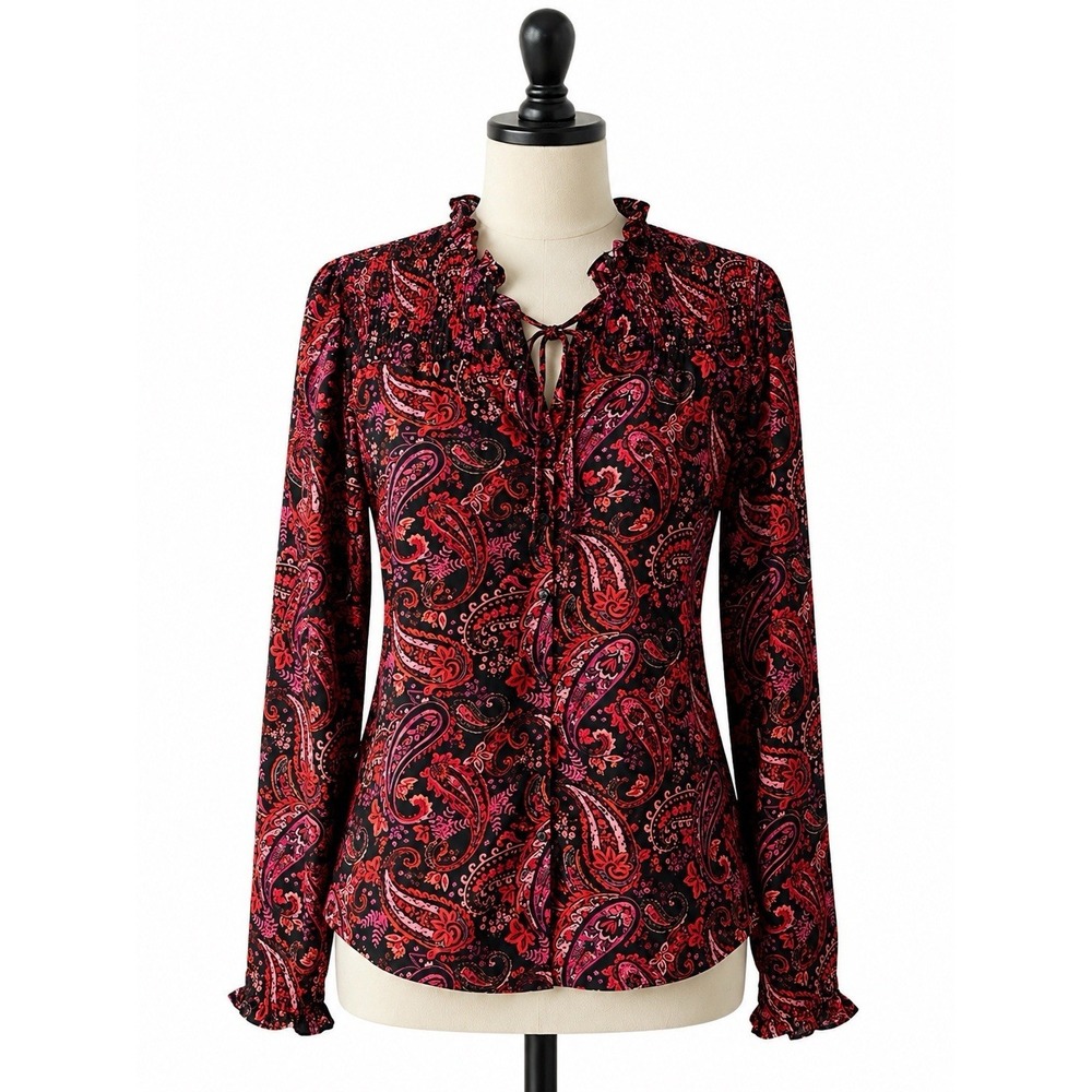 Versona Women's Paisley High Ruffle Collar Long Sleeve Lightweight Blouse Size M